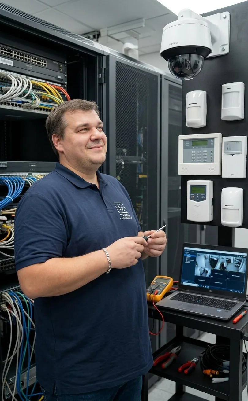 Technik KAMERY ALARMY s PTZ kamerou a alarmovým panelom v serverovni